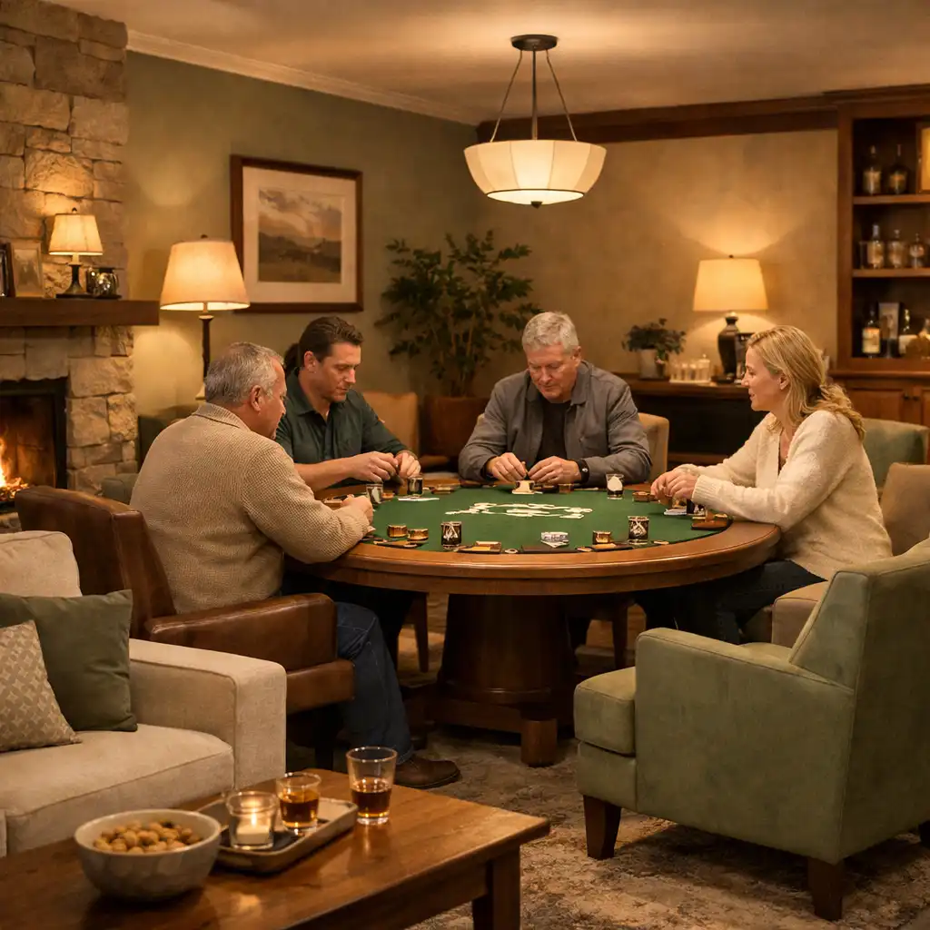 Card lounge area with comfortable seating and a poker table in the center, softer lighting and a relaxed atmosphere