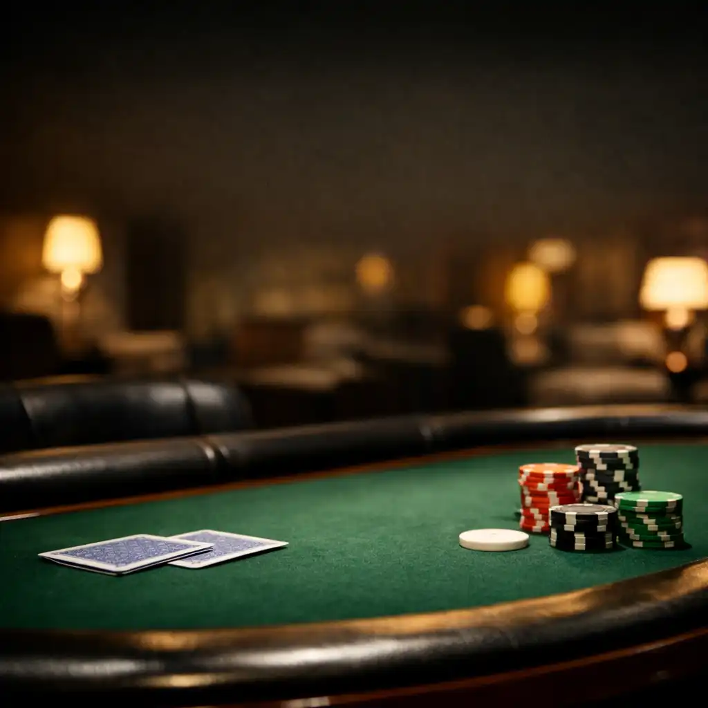 Premium poker table in the Card Lounge with cards and chips