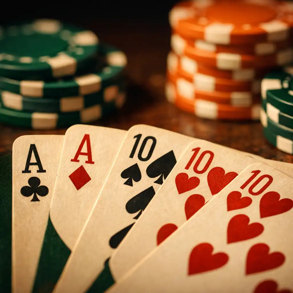 Close-up of playing cards and poker chips on a dark wooden table in the Card Lounge
