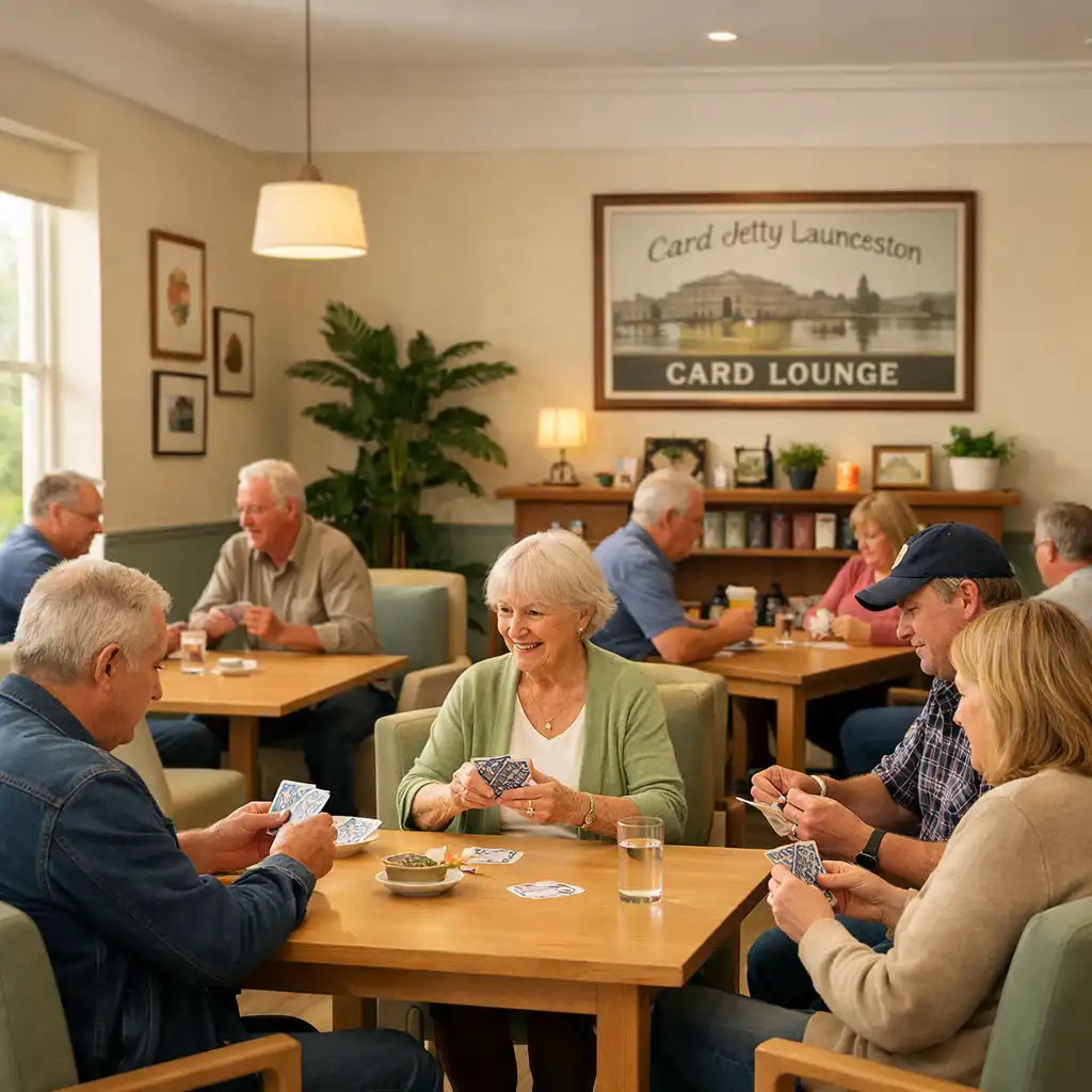 Photograph of the Card Lounge at Card Jetty Launceston, showing a relaxed card-playing area with comfortable seating, lighter wood tables, and a brighter atmosphere.