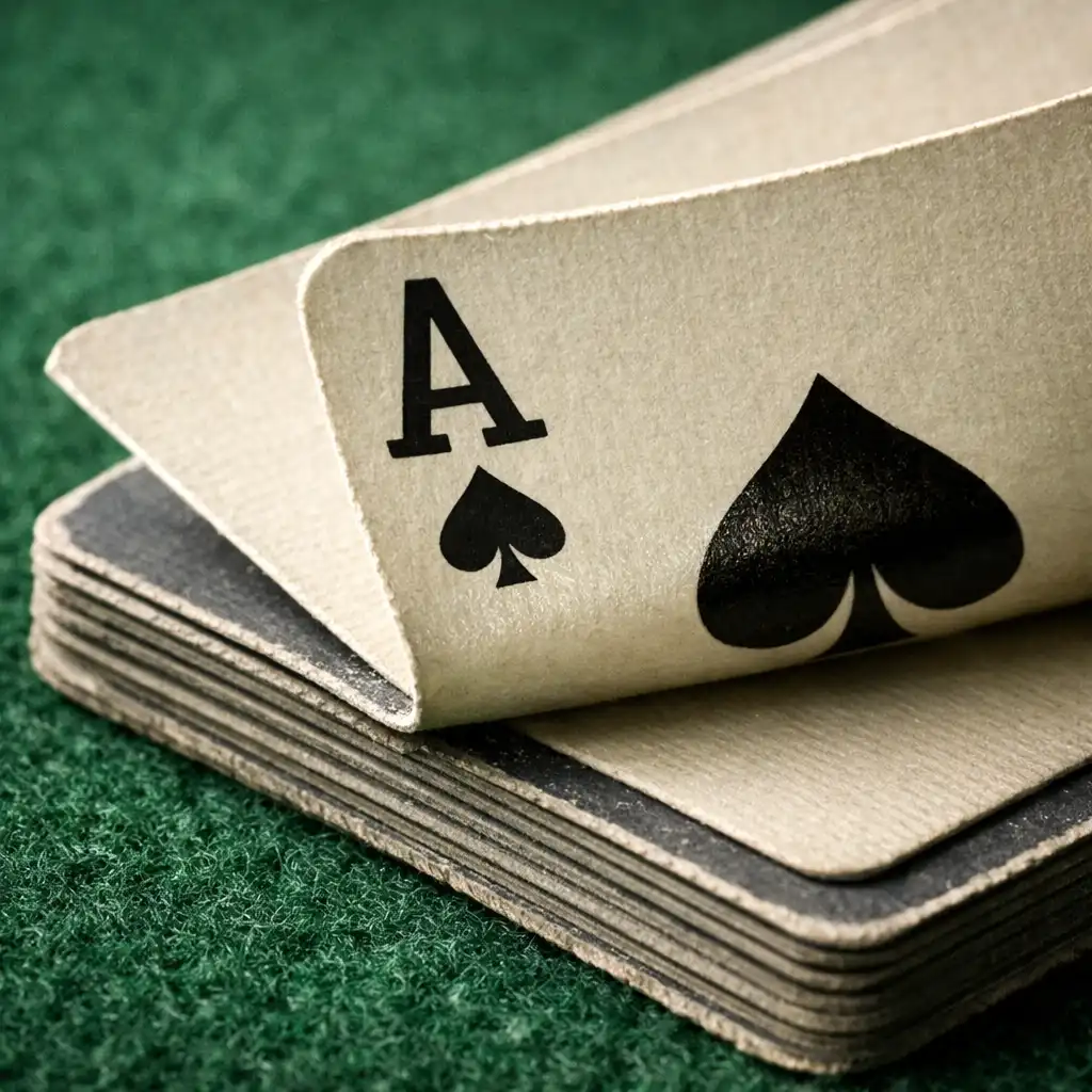 Extreme macro photograph of playing cards lying on the green felt of a poker table
