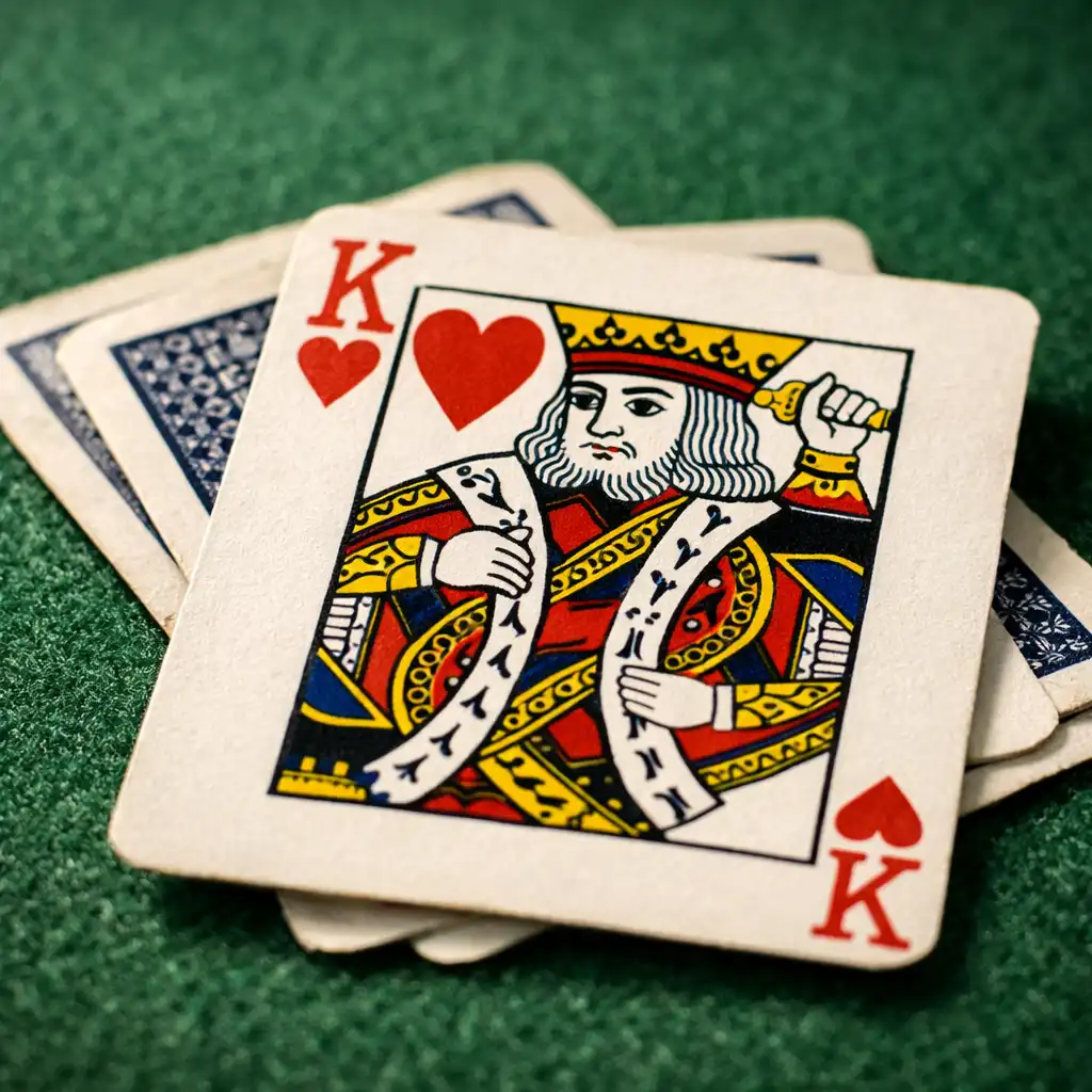Macro photograph of playing cards lying on a green poker table felt, one card face up
