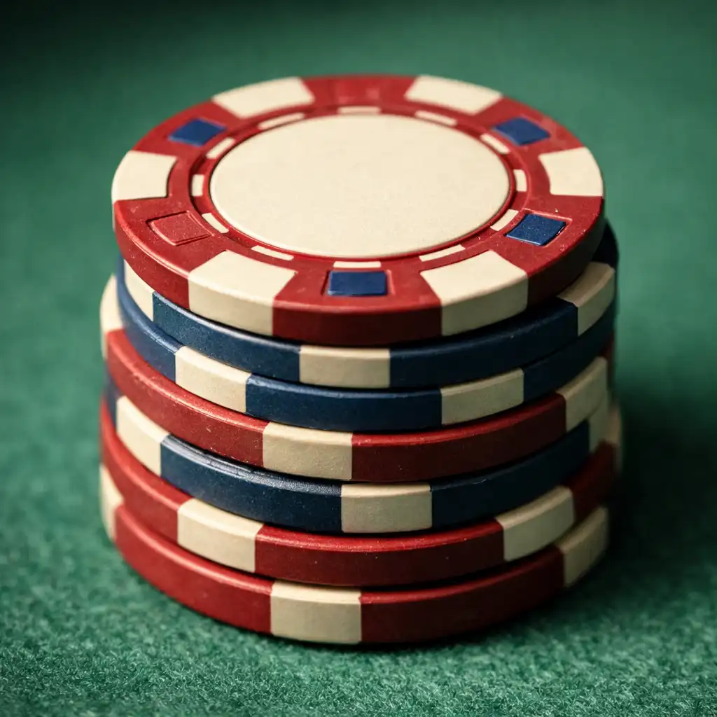Macro photograph of a stack of poker chips with muted red, blue, and cream colors