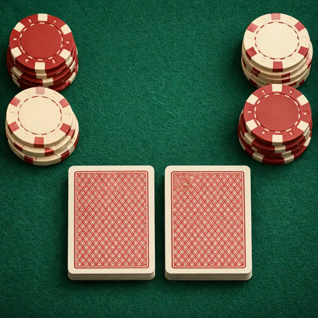 Overhead view of a poker table felt surface with neatly arranged playing cards and poker chips