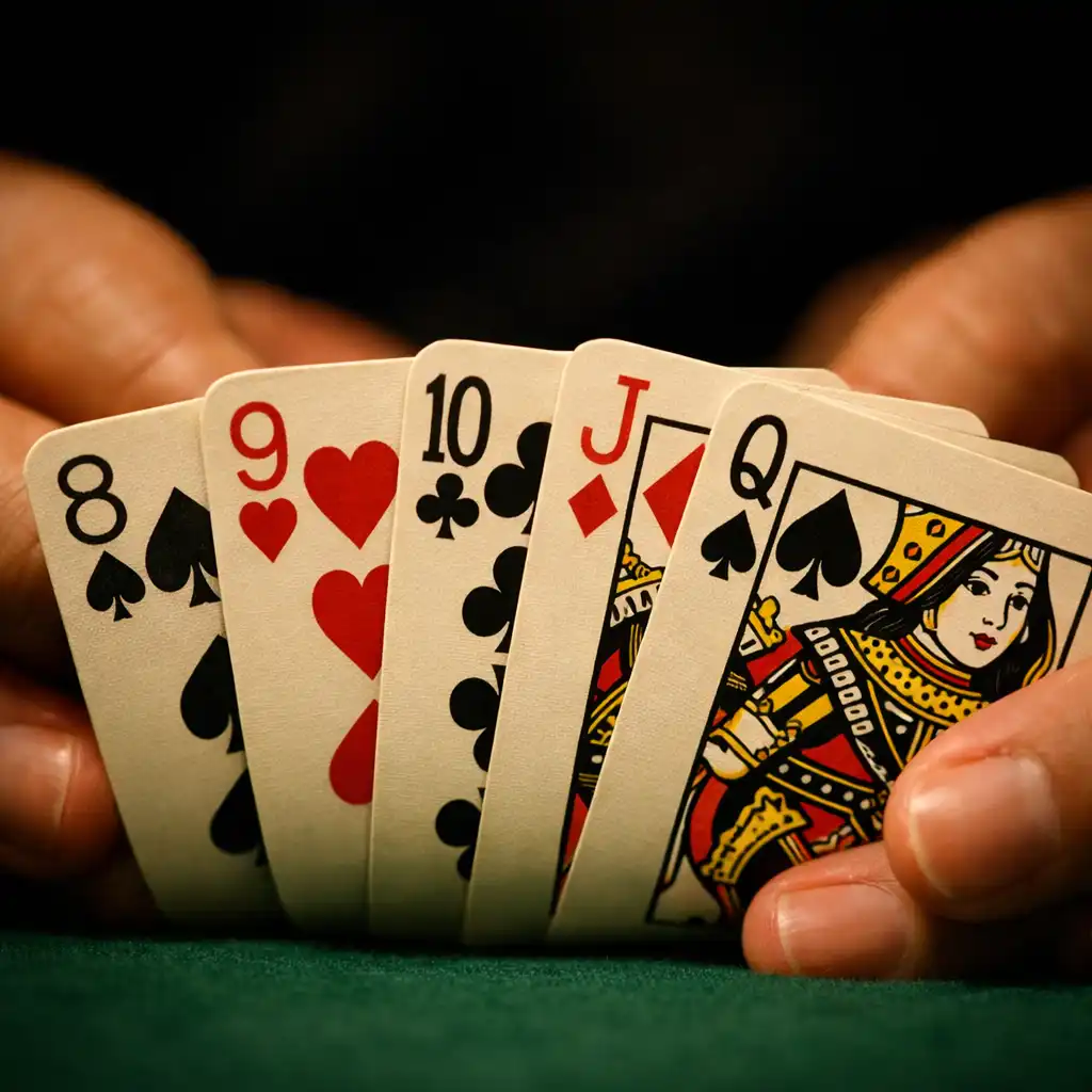 Macro photograph of a player's hands holding playing cards over a poker table