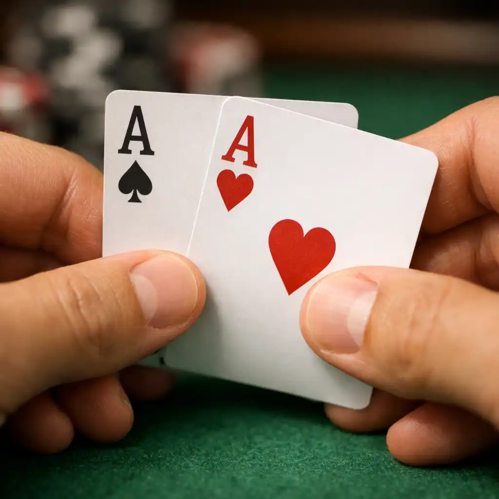Macro photograph of a player's hands holding playing cards at a poker table, green felt blurred in background