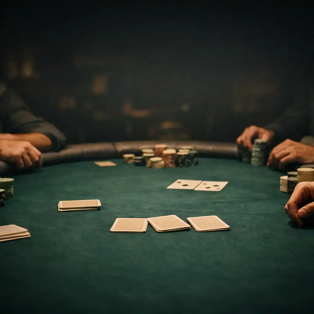 Physical poker table with players' hands and face-down cards on deep green felt in a dimly lit room