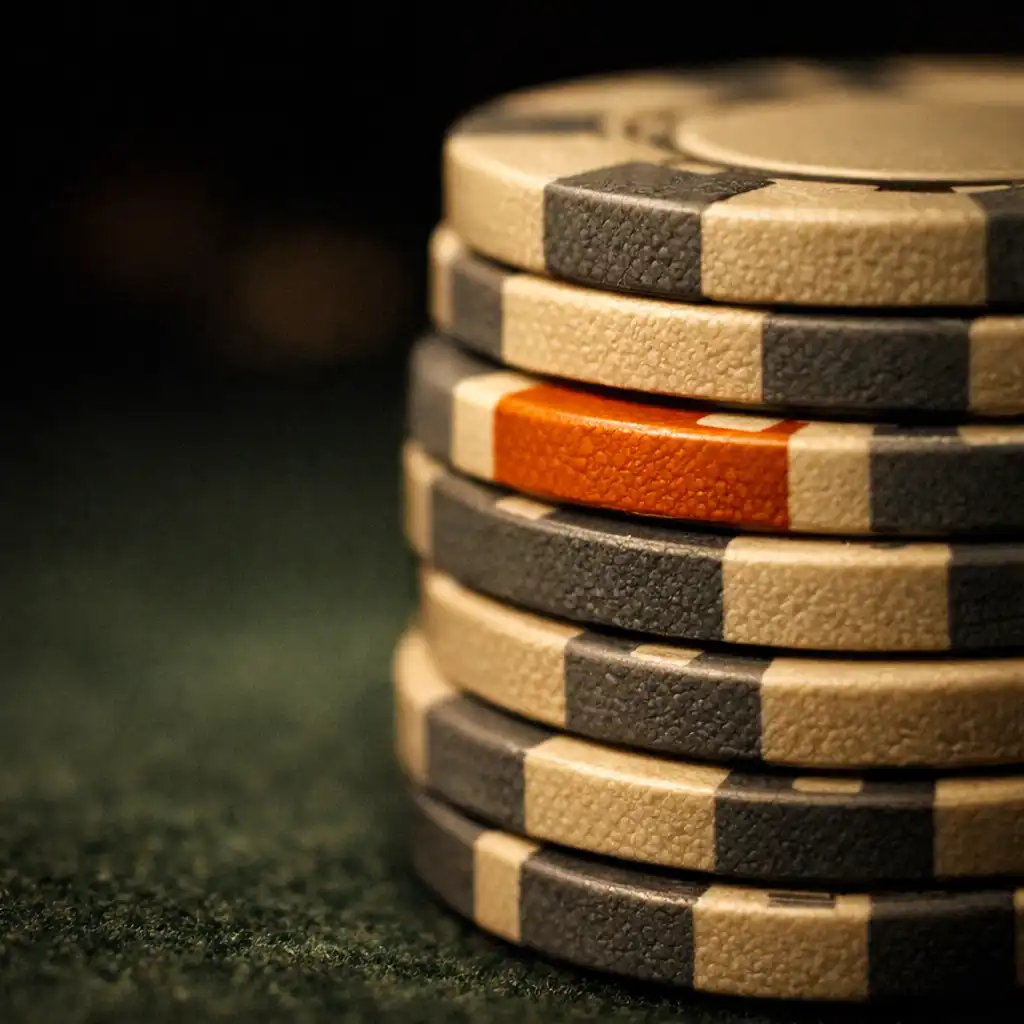 Macro photograph of a stack of poker chips on a poker table