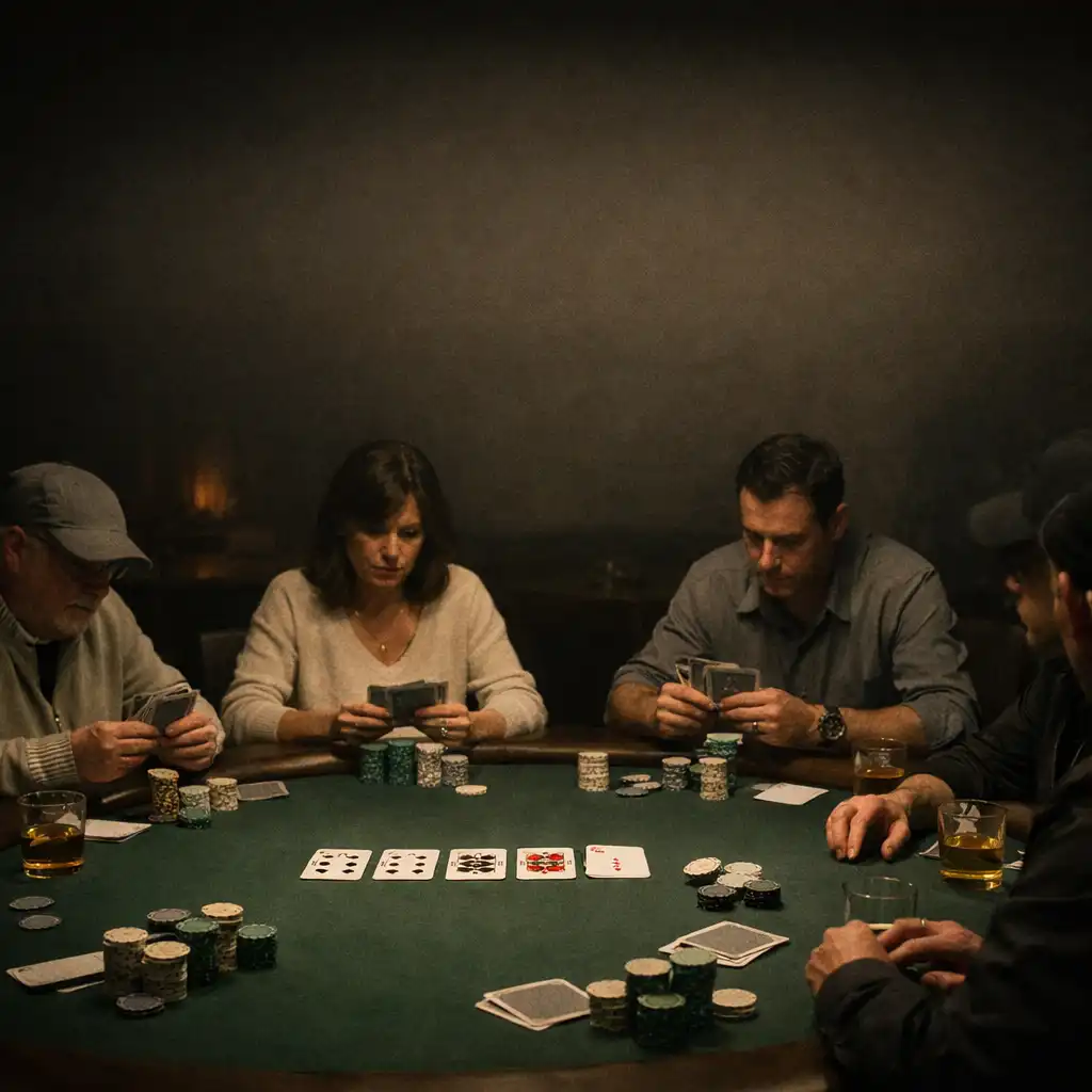 Players focused on a physical poker table in the dimly lit Card Jetty Launceston poker room
