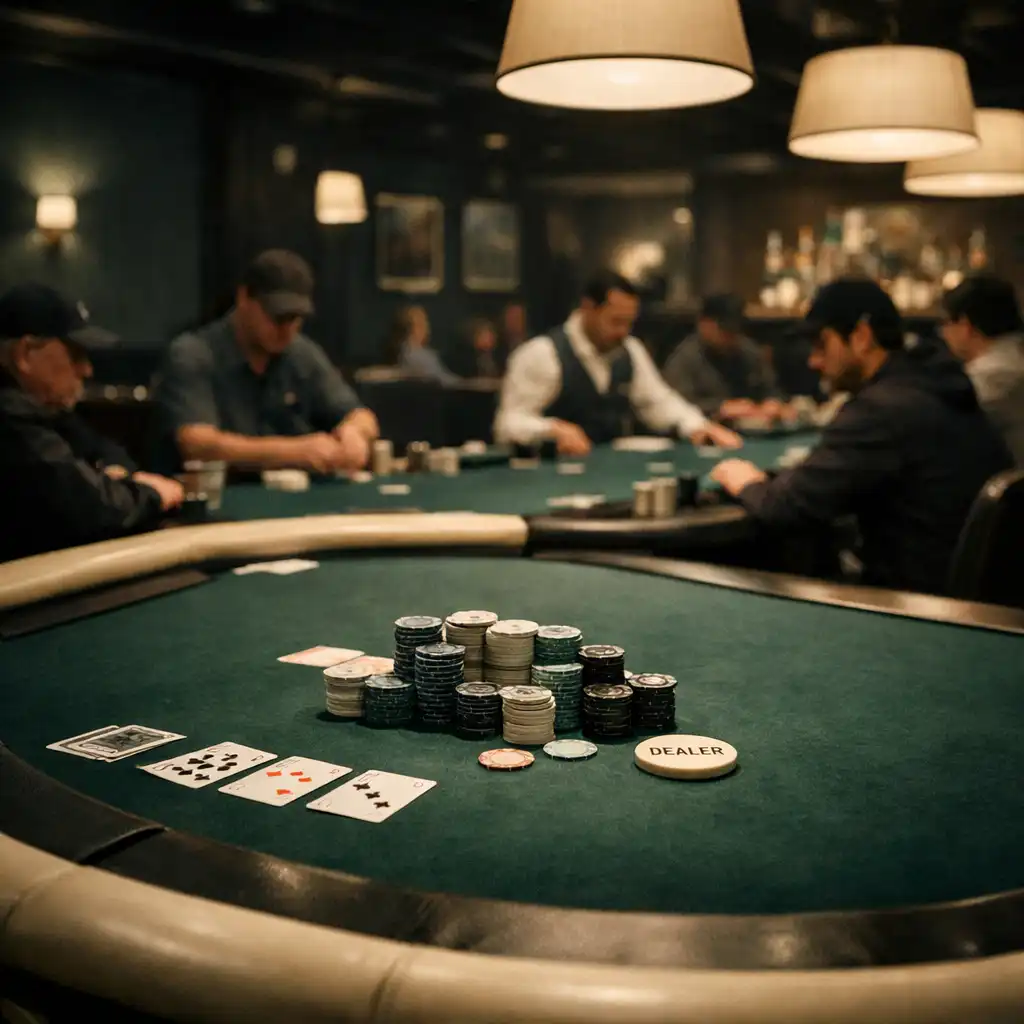 The poker room at Card Jetty Launceston with players seated at a deep green felt table under low lighting