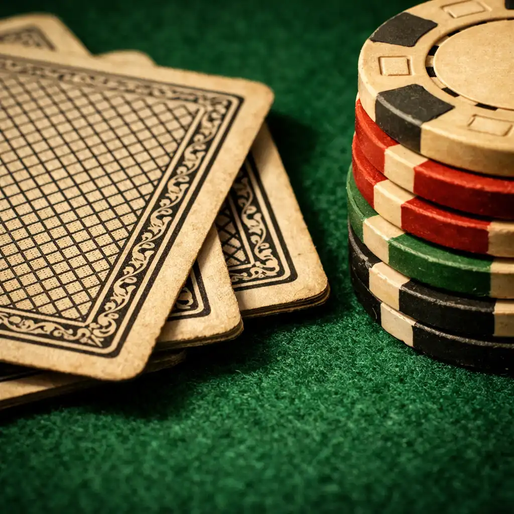 Extreme macro photograph of physical playing cards and poker chips on a green felt table, with shallow depth of field and warm directional lighting.