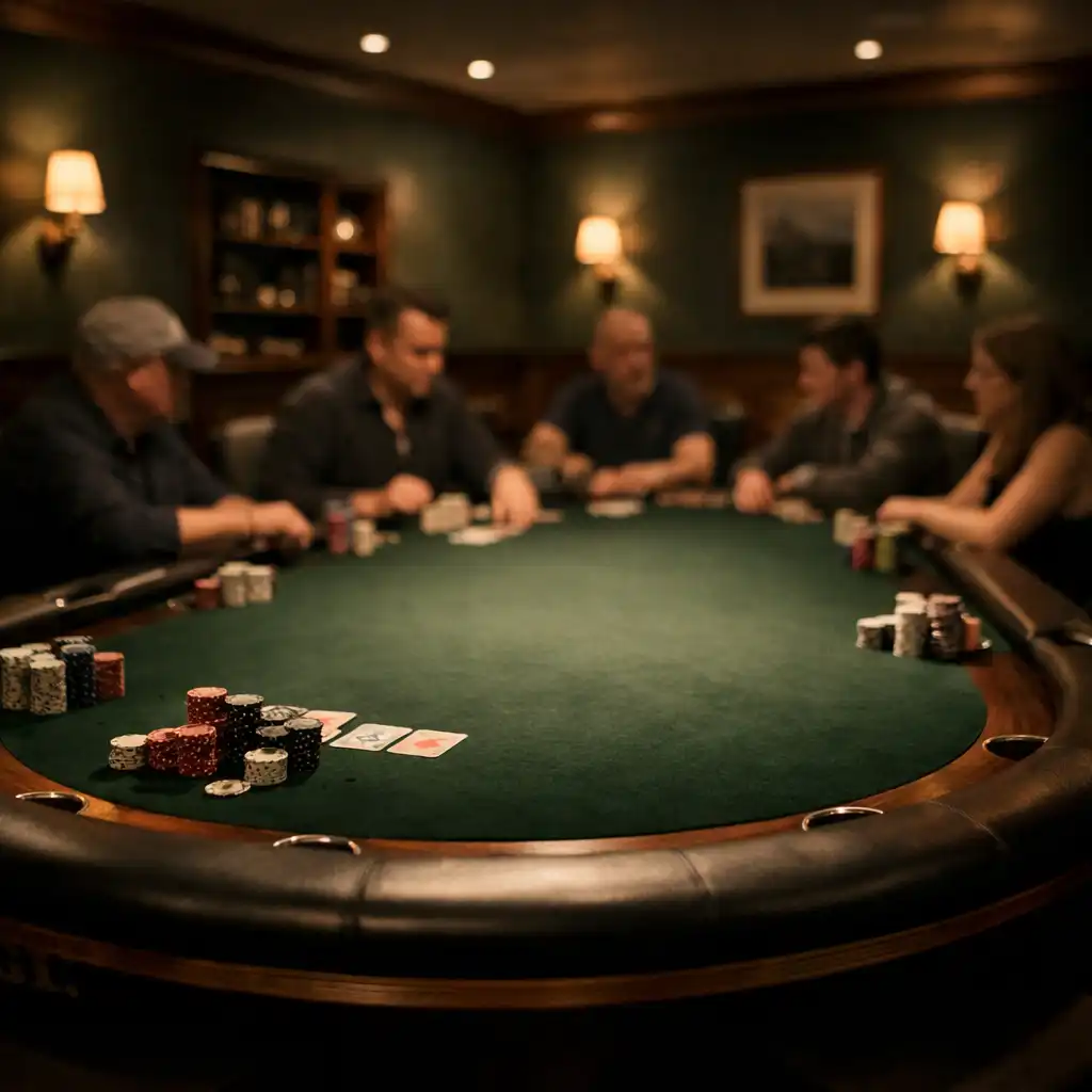 Wide interior photograph of the dedicated Poker Room at Card Jetty Launceston, showing a green felt poker table with cards and chips, players concentrating in the background, and warm overhead lighting.