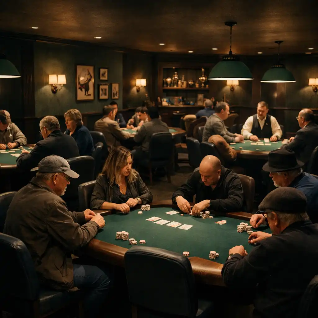 Interior of a dedicated poker room with several physical poker tables, warm focused lighting, and players concentrating on their cards
