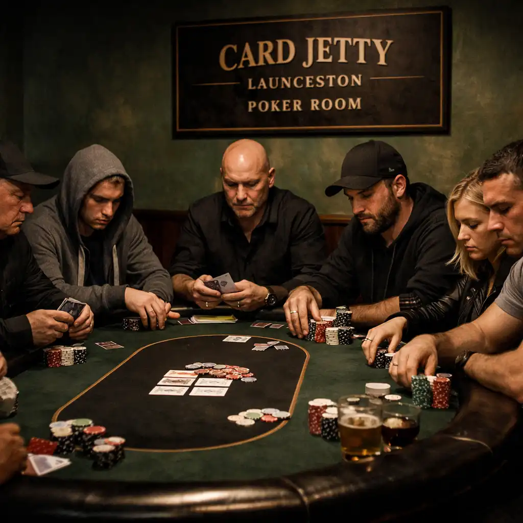 Wide photograph of serious poker players seated around a real poker table in the Card Jetty Launceston Poker Room, focused on the game with warm low lighting.