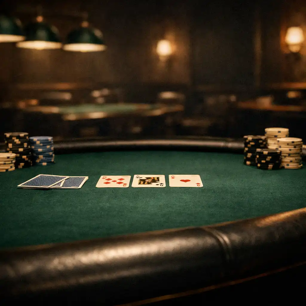A wide view of a real poker table with green felt, cards, and chips in the dimly lit Poker Room at Card Jetty Launceston