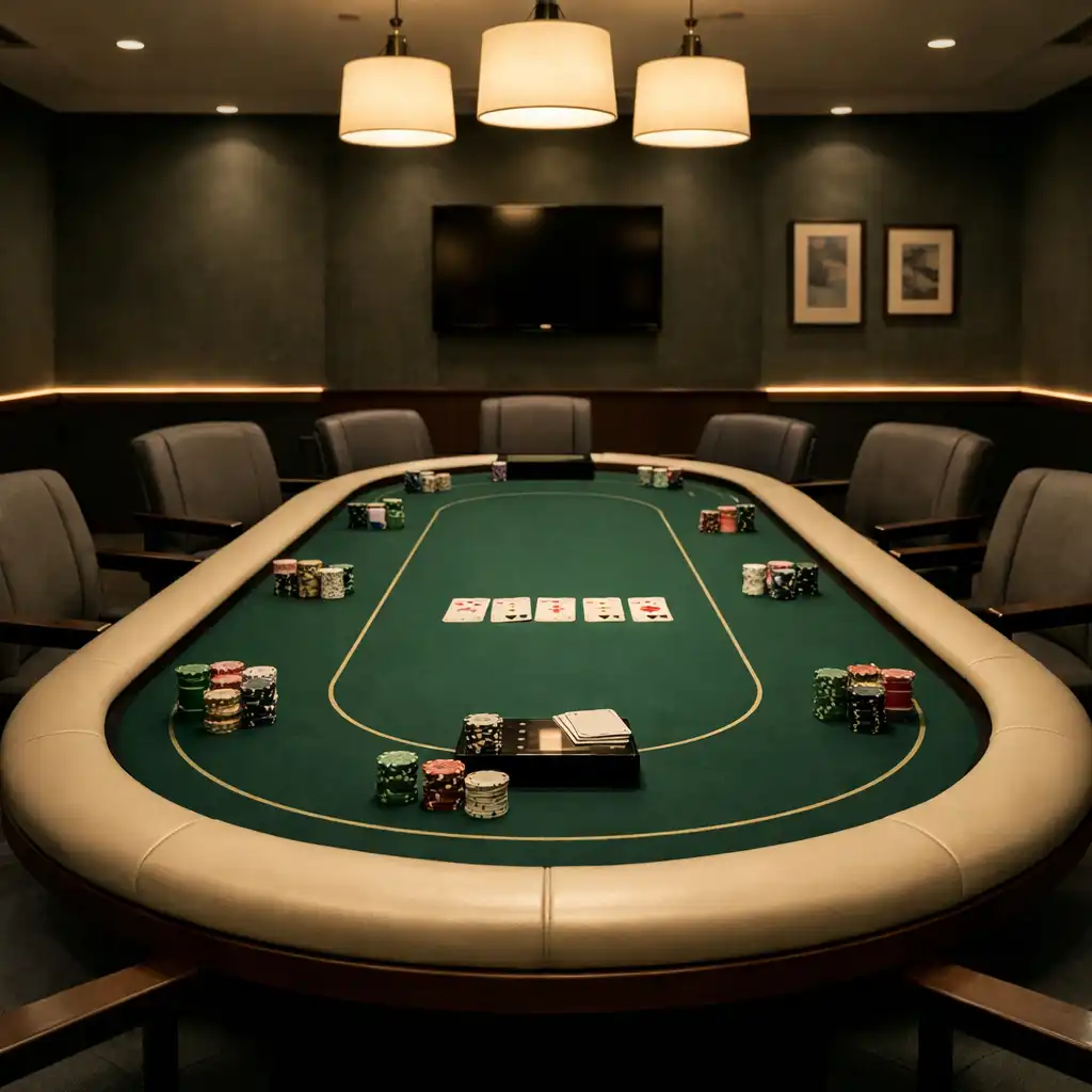 Wide-angle view of the dedicated Poker Room with a physical poker table, cards, and chips