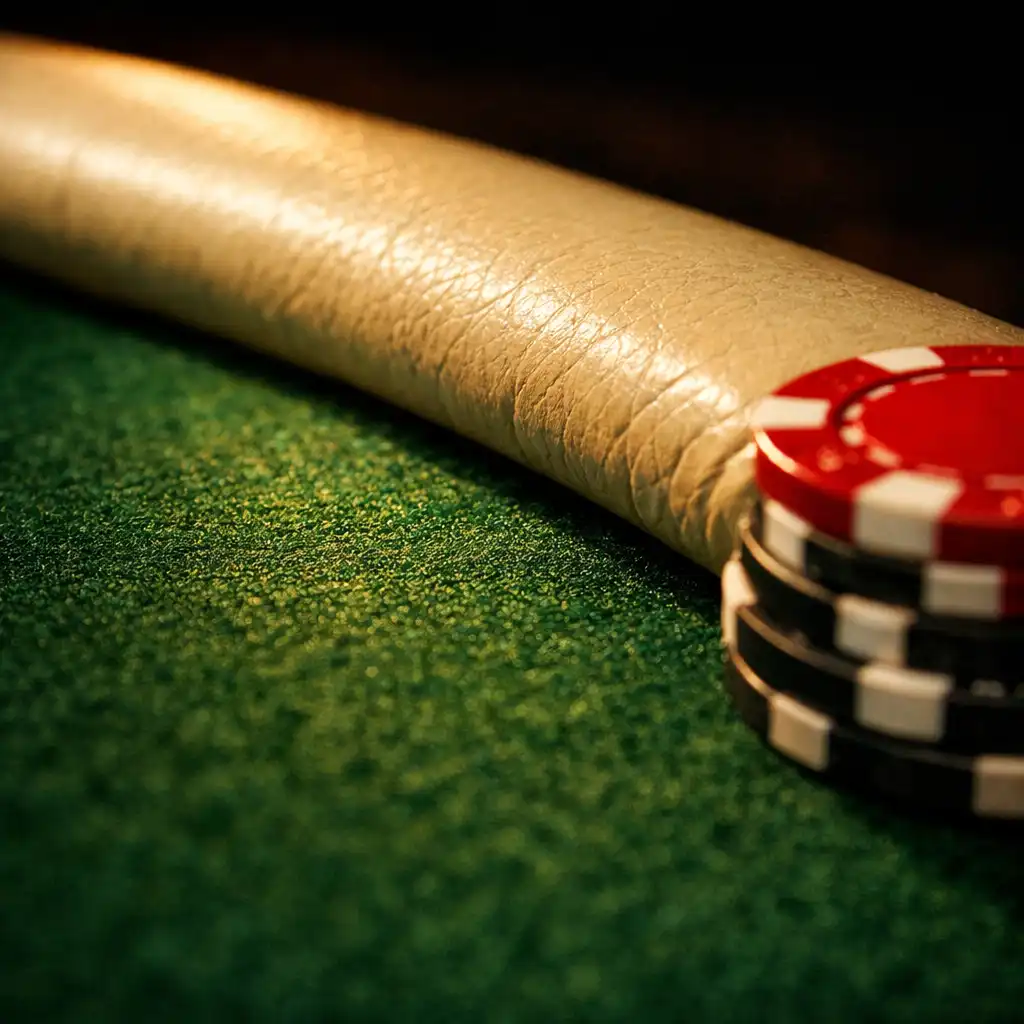 Macro photograph of the edge of a poker table with chips