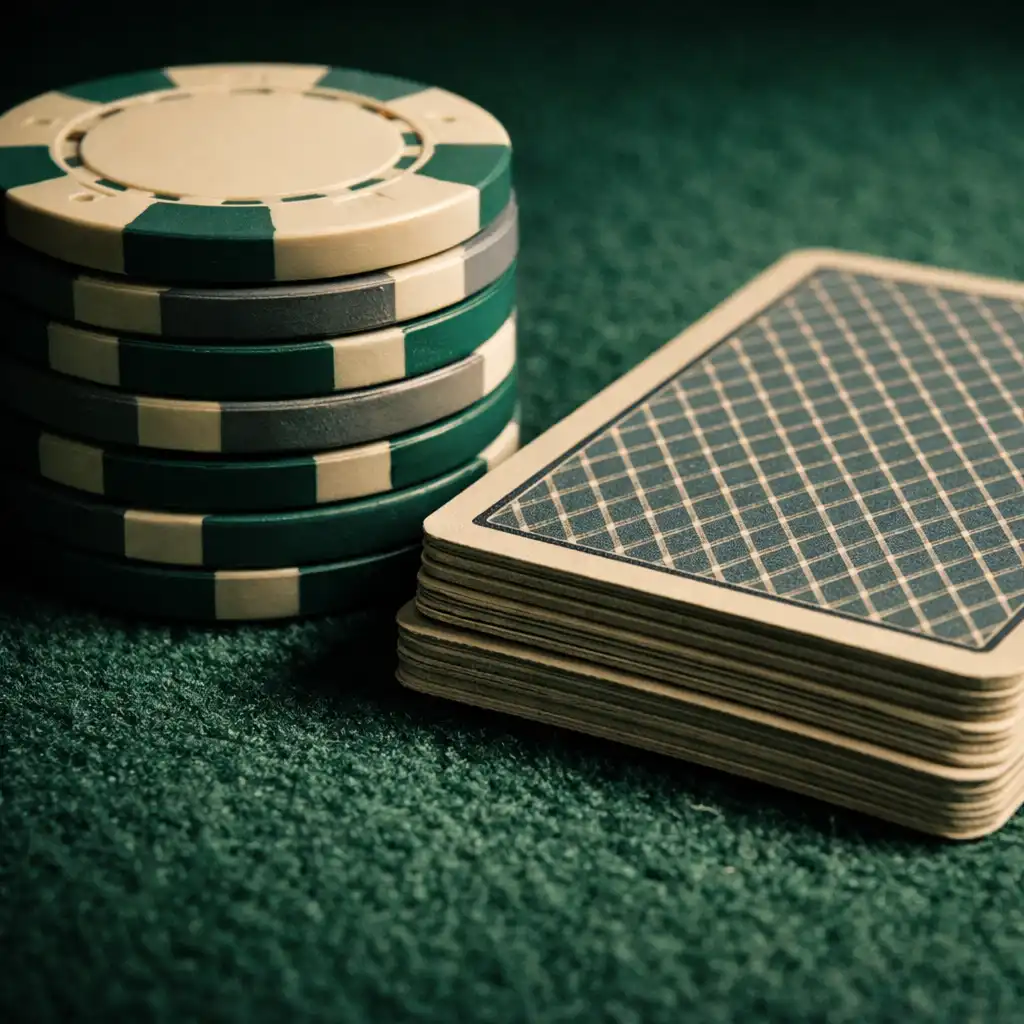 Extreme macro crop of a poker table surface showing felt texture, a stack of chips, and playing cards