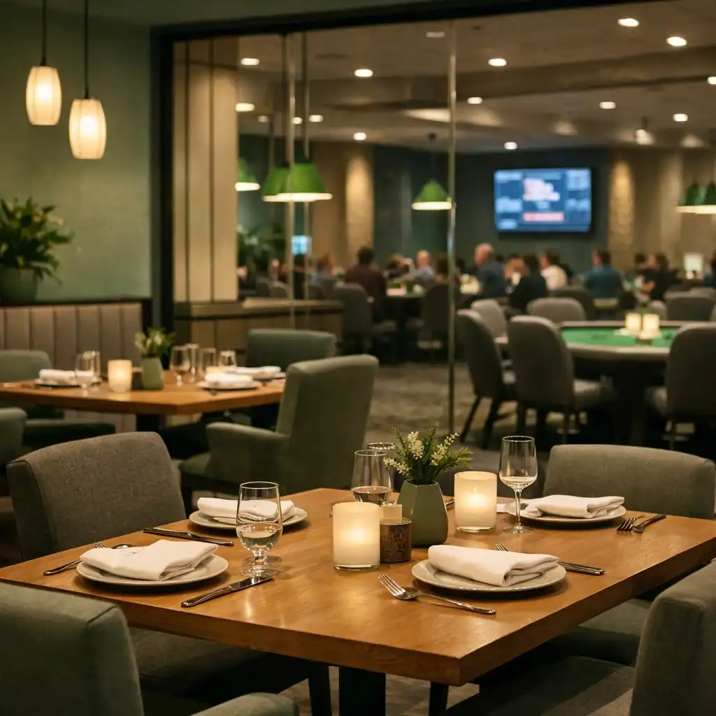 Contemporary restaurant interior at Card Jetty Launceston with warm wood tables and a view toward the poker space