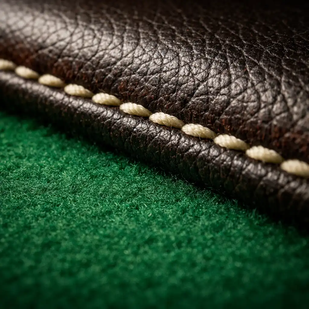 Extreme macro of a poker table edge showing the transition from padded leather rail to green felt